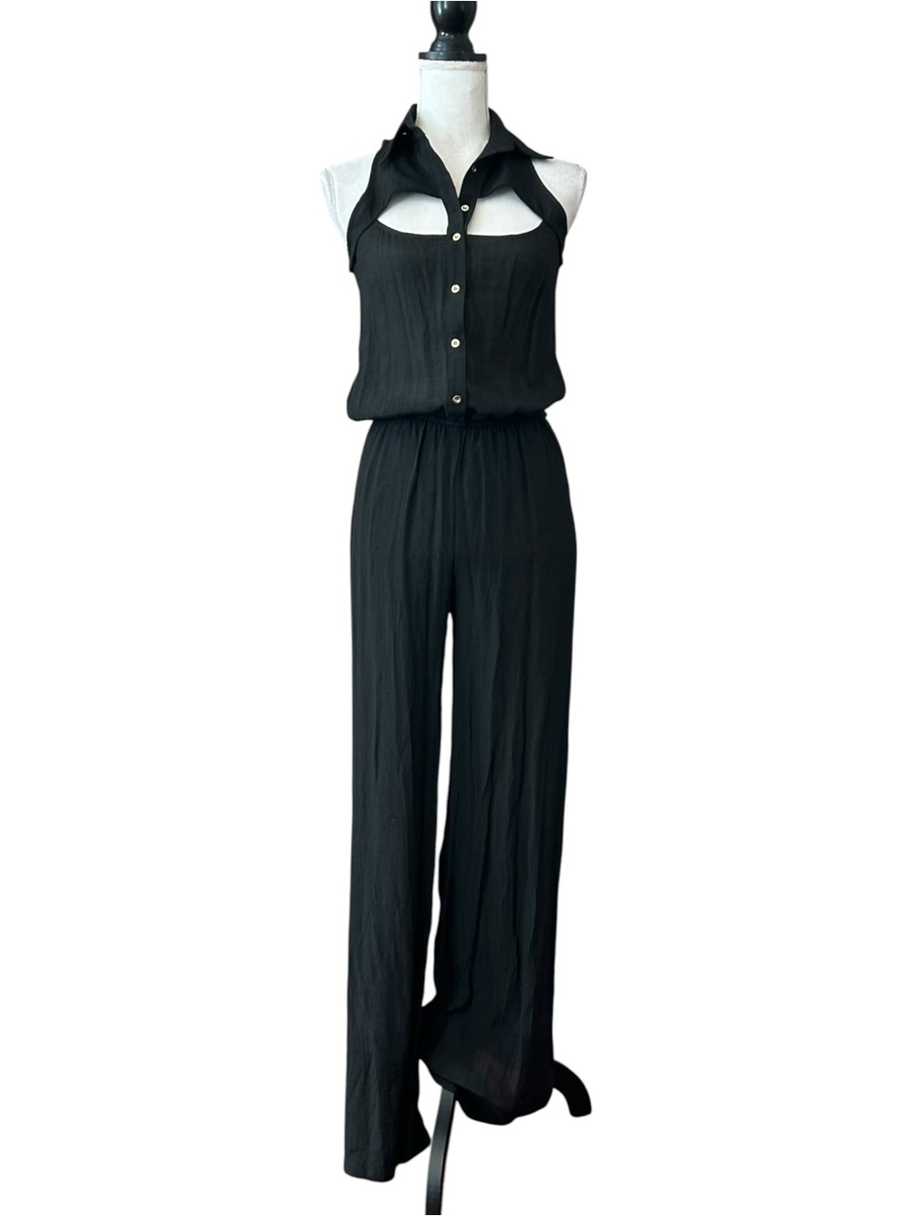 NWT ARDEN B Gauze Cutout Sleeveless Button Front Jumpsuit SZ XS in Black